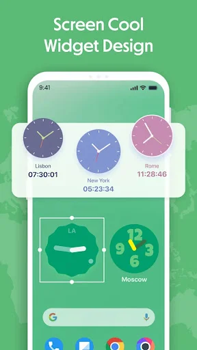 World Clock Widget home screen displaying multiple city time zones with cool widget designs for Lisbon, New York, Rome, Moscow