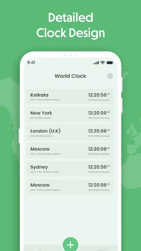 World Clock app detailed list view showing times for Kolkata, New York, London, Moscow, and Sydney with time zone info