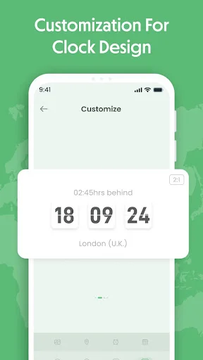 World Clock Widget customization screen showing flip-clock style time display for London with time difference indicator