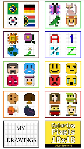 Coloring Pixels 8x8 app gallery showing pixel art categories: flags, emojis, food, characters, and My Drawings