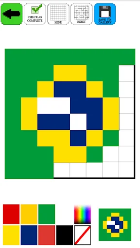Coloring Pixels 8x8 workspace showing Brazilian flag being colored with palette, tools, and 8x8 grid interface