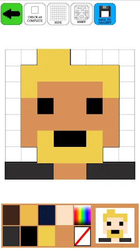 Coloring Pixels 8x8 app workspace with Minecraft character pixel art, color palette, and drawing tools
