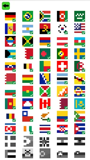 Coloring Pixels 8x8 world flags collection showing 60+ country flags available to color in pixel art
