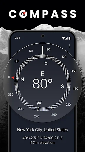Compass app showing 80° East direction with New York City location, GPS coordinates, and 57m elevation display