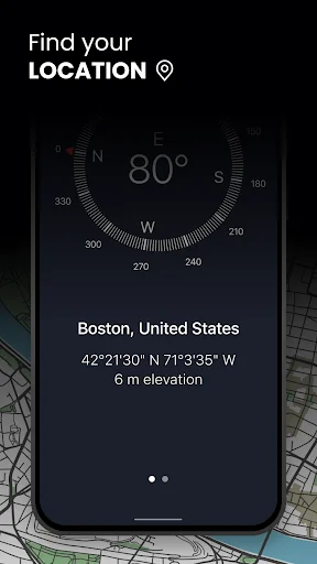 Location finder displaying Boston coordinates 42°21'30