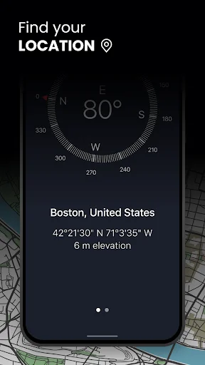 Location finder displaying Boston coordinates 42°21'30