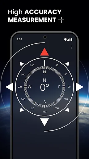 High accuracy compass measurement feature showing 0° North with directional arrows for precise navigation