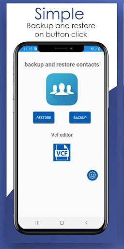 Recover Contacts app main screen showing backup and restore buttons with VCF editor on smartphone interface