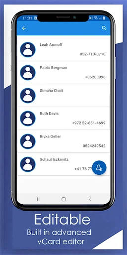 Contacts list view with editable vCard editor showing contact names and phone numbers in Recover Contacts app