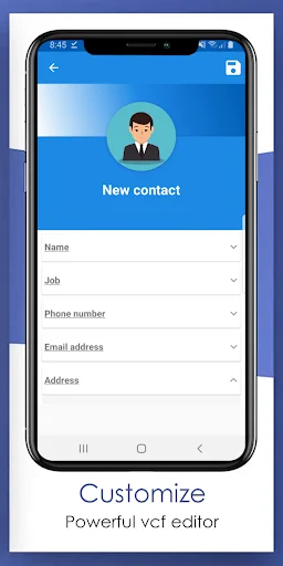 New contact form with customizable fields including name, job, phone, email, and address using VCF editor