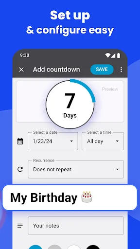 Countdown widget setup screen with date picker, time selector, and recurrence options for easy event configuration