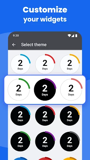 Widget theme customization screen displaying multiple circular countdown designs in various colors and styles