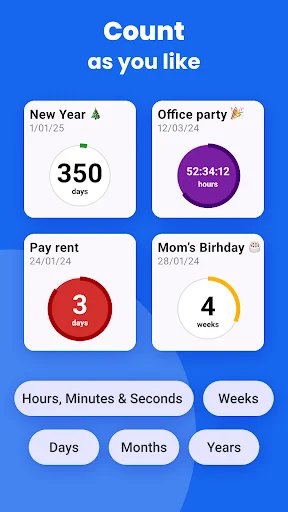 Event countdown dashboard showing New Year, office party, rent payment, and birthday with flexible time units