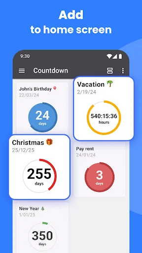 Home screen countdown widgets for birthdays, vacation, Christmas, and events with customizable circular displays