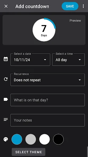 Dark mode countdown creation interface with date selection, recurrence settings, and theme customization options