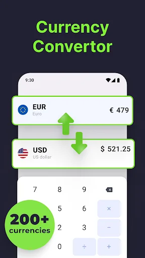 Currency converter app showing EUR to USD exchange with calculator and 200+ currencies support