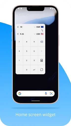 Home screen widget for quick currency conversion between EUR and USD on phone display