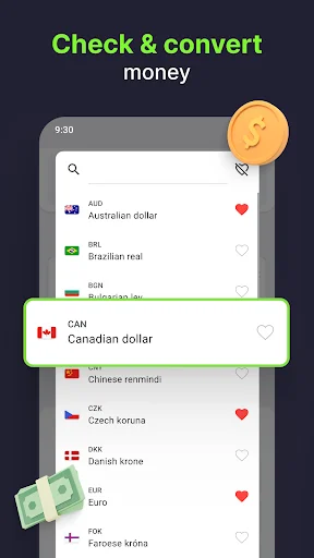 Currency list screen showing multiple currencies including AUD, BRL, CAN, CNY with favorite selection feature