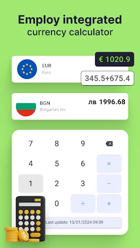 Integrated currency calculator displaying EUR to BGN conversion with numeric keypad interface