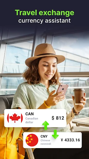 Travel currency exchange assistant converting Canadian dollar to Chinese renminbi at airport
