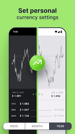 Personal currency settings showing exchange rate charts with week, month, and year analytics