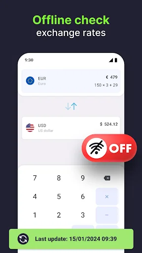 Offline currency converter showing EUR to USD exchange rates with offline mode enabled