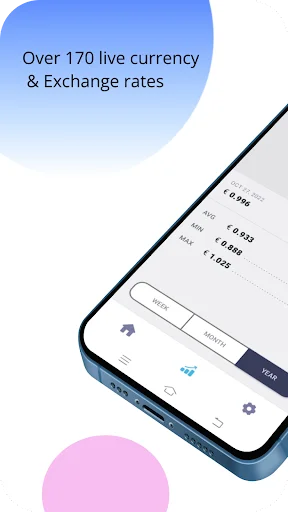 Currency exchange app displaying over 170 live currency and exchange rates on mobile phone