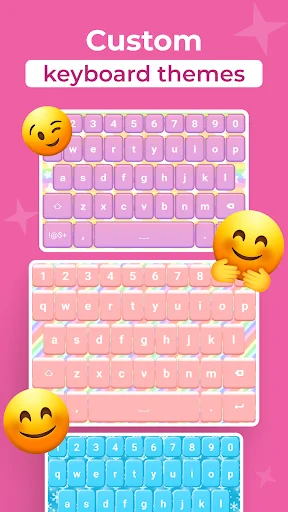 Custom keyboard themes app showing pink, pastel, and blue keyboard designs with emoji decorations