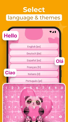 Language selection screen with pink panda keyboard theme for multilingual typing customization