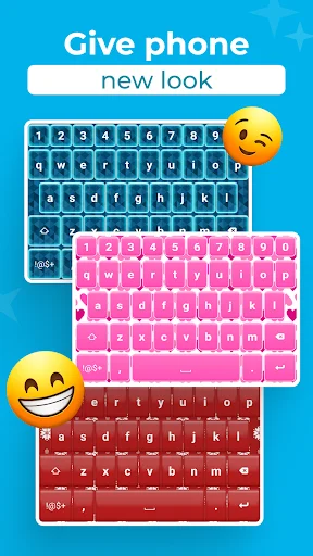 Three colorful keyboard themes in blue, pink, and red designs to personalize phone appearance
