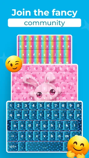Fancy keyboard community featuring rainbow, pink character, and blue pattern theme designs