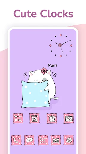 Cute Cat Launcher purple theme home screen with clock widget, sleeping cat illustration, and customized app icons