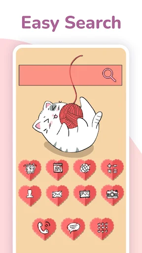 Easy search feature in Cute Cat Launcher showing search bar with playful cat and yarn, heart-shaped app icons below