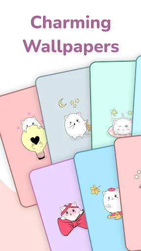 Charming wallpaper gallery displaying pastel-colored backgrounds featuring adorable cat illustrations in pink and blue