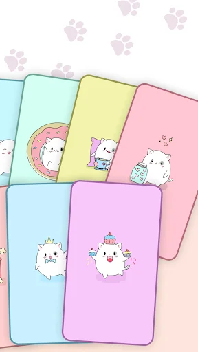 Cute cat themed wallpapers in mint, yellow, pink, and purple with kawaii cat characters and paw print accents