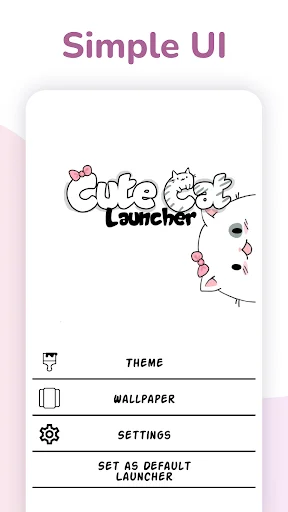 Cute Cat Launcher settings menu interface showing theme, wallpaper, settings, and default launcher options