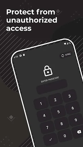 Password entry screen with numeric keypad to protect diary from unauthorized access