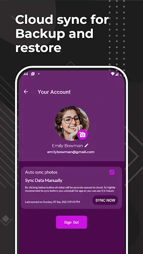 Account settings with cloud sync option for automatic backup and restore of diary data