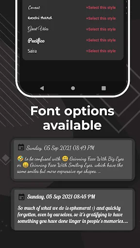 Font selection menu with multiple typography styles available for journal entries