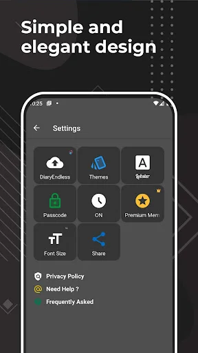 Settings dashboard with options for themes, security, fonts, and privacy in diary app