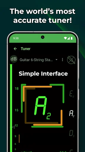 DaTuner chromatic tuner app displaying note A2 with simple interface and visual pitch indicator