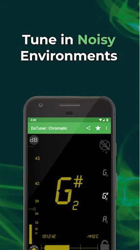 DaTuner detecting G#2 note with noise filtering for tuning in loud environments