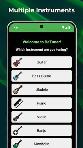 DaTuner instrument selection menu showing Guitar, Bass, Ukulele, Piano, Violin, Banjo, and Mandolin options