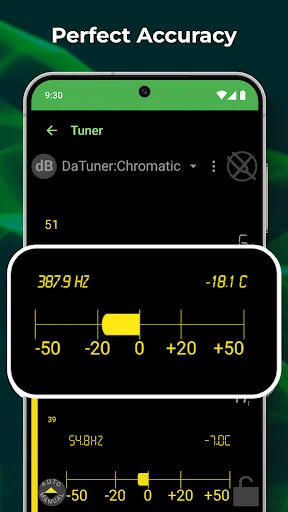 DaTuner precise tuning display showing 3879 Hz frequency and -18.1 cent deviation meter for accurate pitch detection