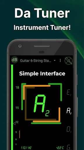 DaTuner guitar tuner simple interface showing A2 note detection with visual feedback