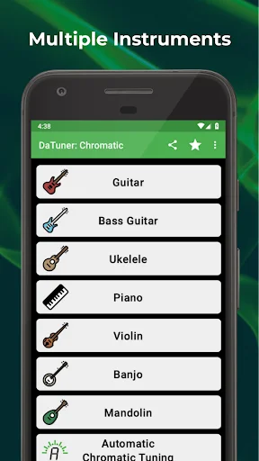 DaTuner instrument menu featuring Guitar, Bass, Ukulele, Piano, Violin, Banjo, Mandolin, and Chromatic mode