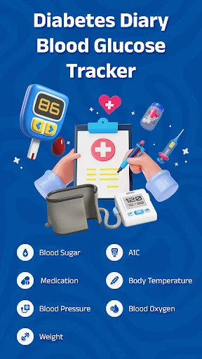 Diabetes Diary home with tracking categories: blood sugar, A1C, medication, temperature, blood pressure, oxygen, and weight