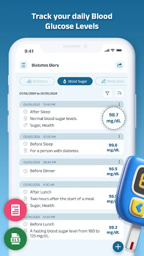 Daily blood glucose log showing entries with timestamps, readings, events, and meal-related context data