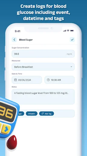 Blood glucose entry form with fields for concentration, measurement type, date, time, notes, and event tags