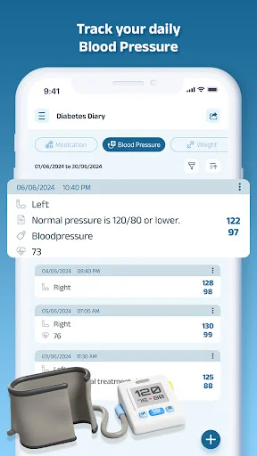 Blood pressure tracking log showing daily readings by date with left/right side entries and systolic/diastolic values